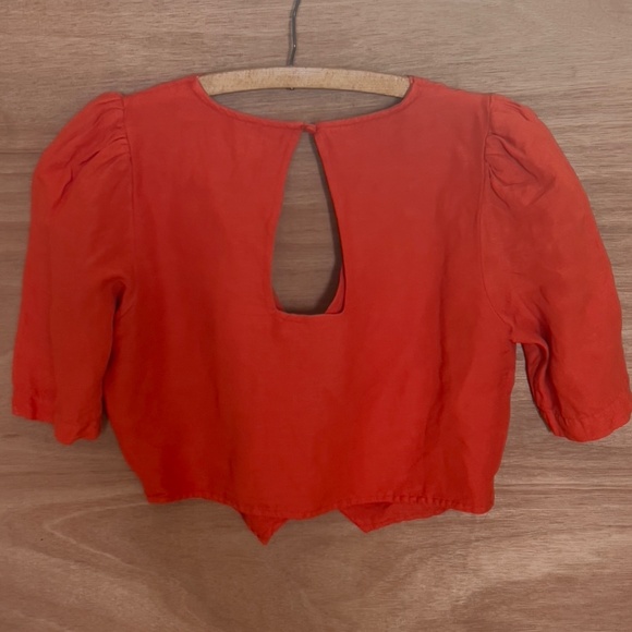 Maeve Anthropologie Crop Top US 10 Linen Viscose Boho Orange Button Up Bow Tie - Picture 2 of 5